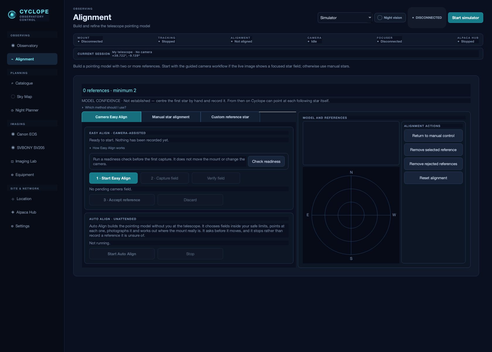 The Alignment page, building a pointing model from recorded references