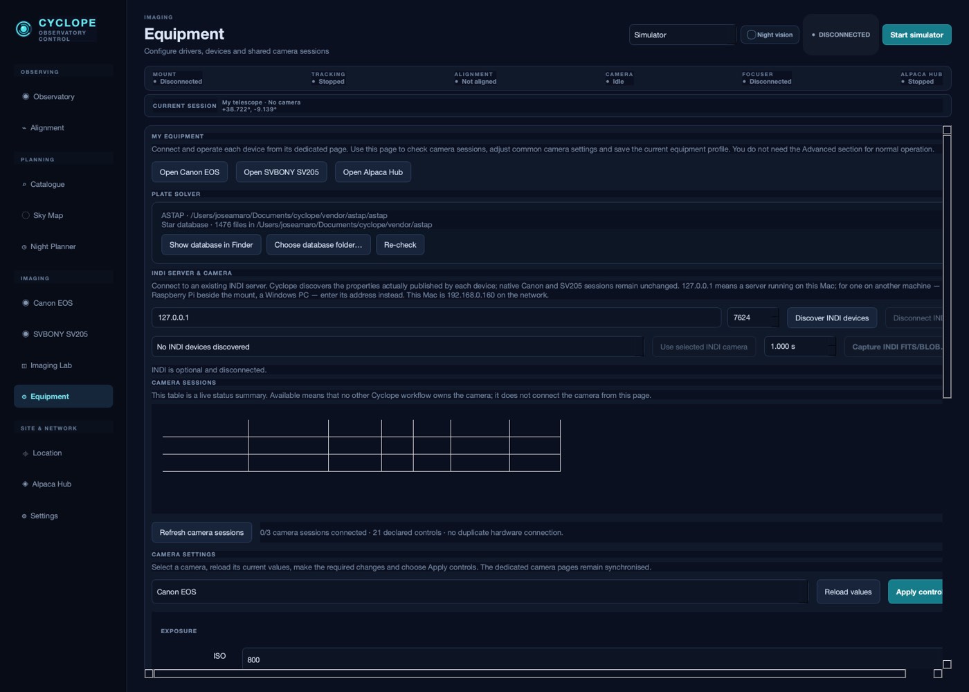 The Equipment page, showing drivers, devices and saved profiles