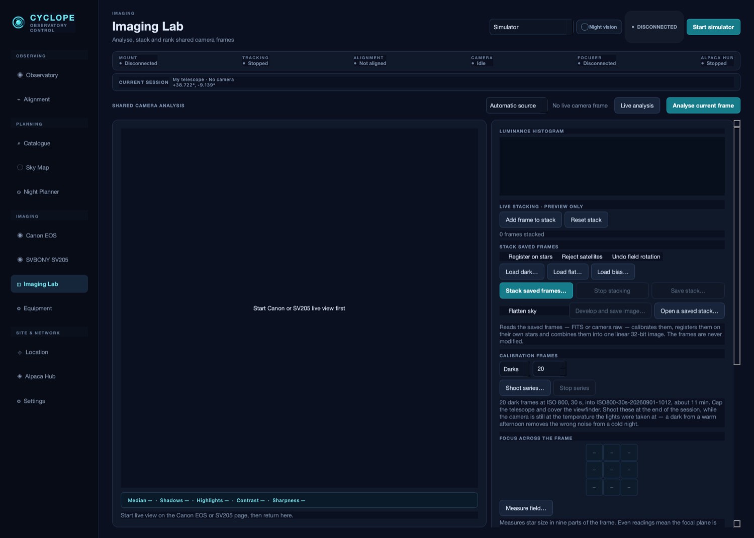 The Imaging Lab, with histogram, measurements and frame selection