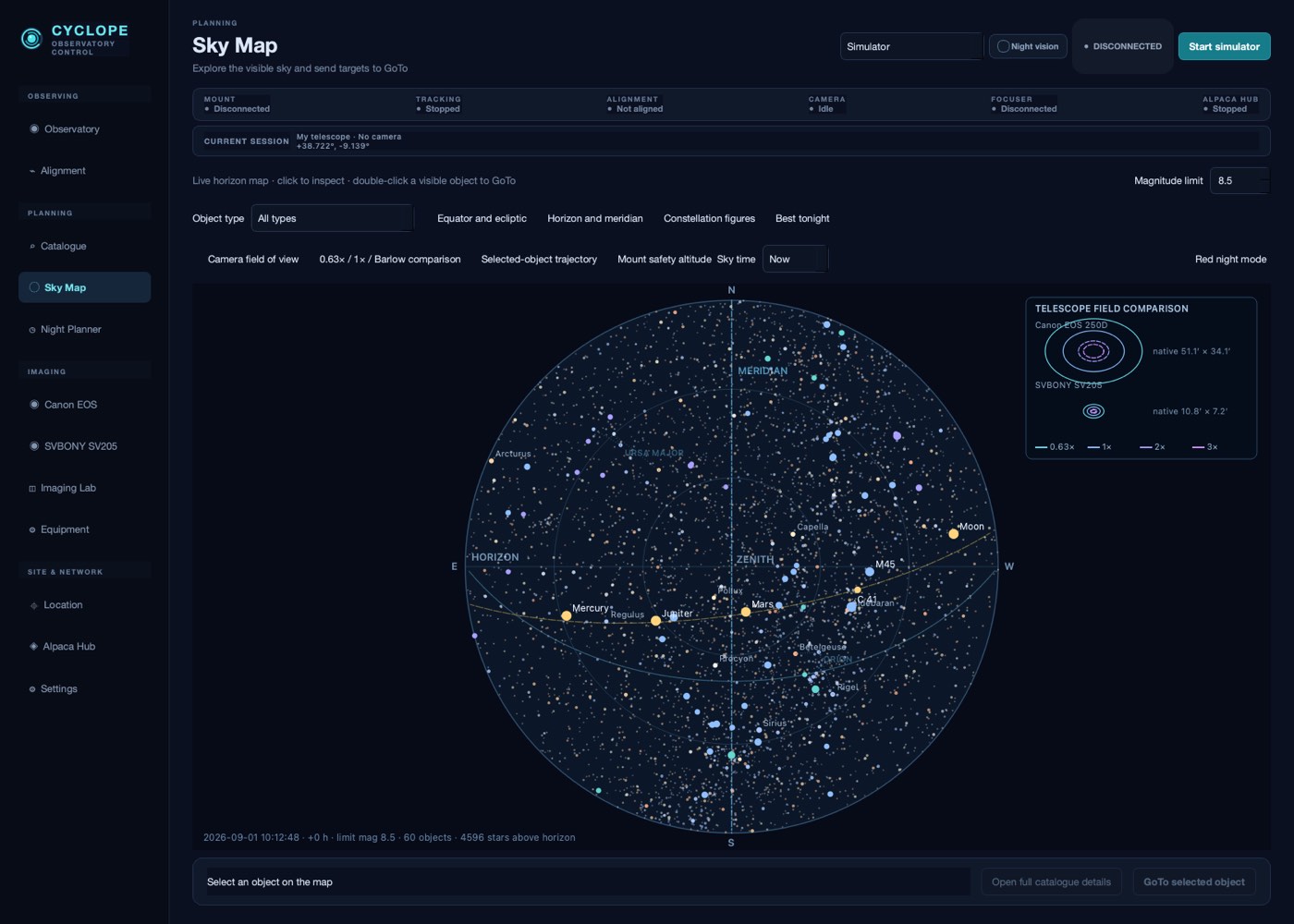 The sky map, showing the visible sky with the telescope position